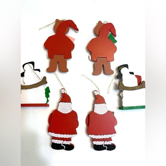 Set of 6 Vintage Wooden Christmas Ornaments Santas, Teddy Bears, Snowmen - Picture 2 of 6